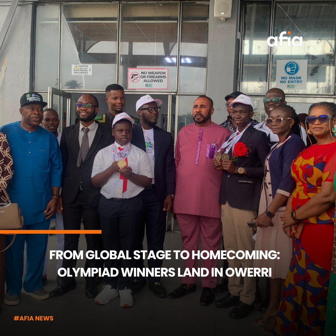 AfiaTvOfficial's tweet photo. STEM Olympiad champions Onyedikachi Egejurum and Don-Anele Munachimso of Diamond Special School received a hero's welcome at Sam Mbakwe Airport, Owerri, as parents thanked Educare's @winexviv for facilitating the South East team's participation in Rome. https://t.co/zkK2IKoGEU