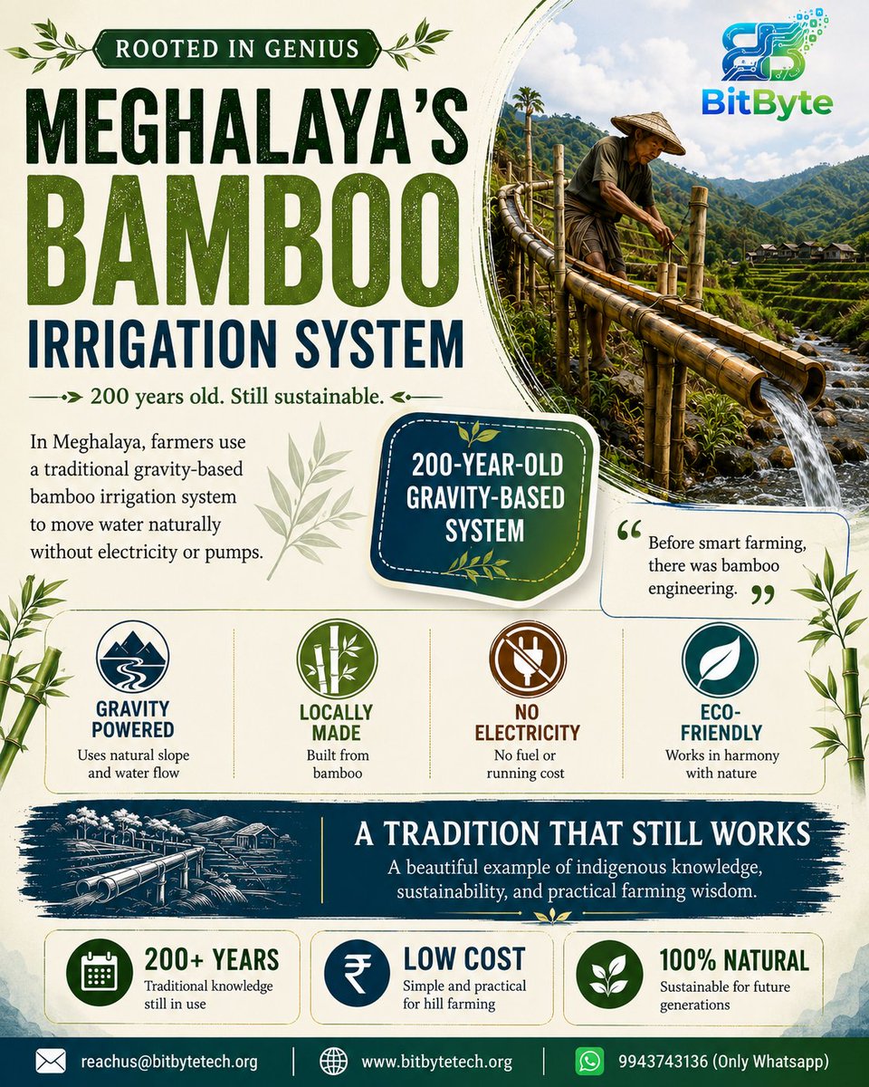 BitbyteReachus's tweet photo. For 200+ years, farmers in Meghalaya have used bamboo, gravity, and natural water flow to irrigate crops—no electricity, no pumps.

A timeless example of sustainable farming and smart engineering. 🌿

#Meghalaya #BambooIrrigation #SustainableFarming #bitbytetechnologies https://t.co/A3iBP22oI6