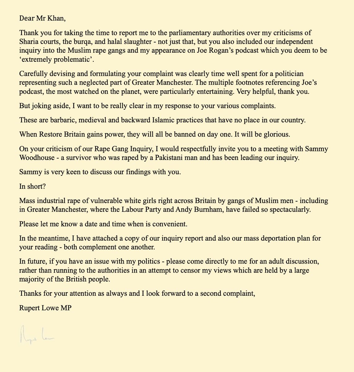 RupertLowe10's tweet photo. My response to Afzal Khan, a Labour MP, who has reported me to the parliamentary authorities for my criticism of various barbaric Islamic practices, our rape gang inquiry report and my appearance on Joe Rogan's podcast. https://t.co/Azrk5P7ehH
