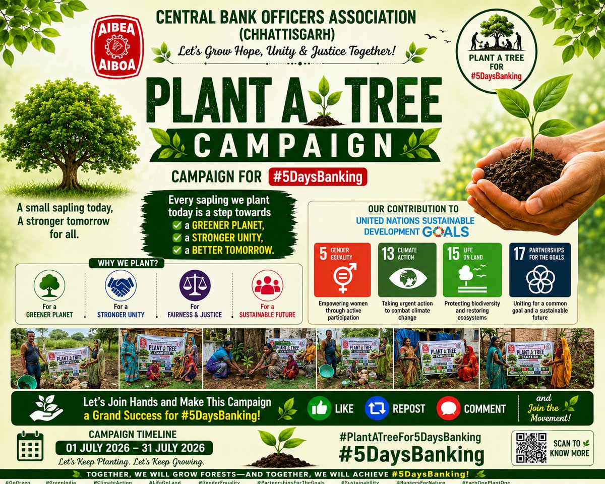 cgcboa's tweet photo. 🌱 A tree today. Every sapling planted strengthens our commitment to a greener India and our collective demand for #5DaysBanking.
Join the movement. Plant a tree. Share your photo. Inspire others.
🌍 Supporting #SDG5 | #SDG13 | #SDG15 | #SDG17
#PlantATreeFor5DaysBanking #SHGs https://t.co/fhYA1GDWbL