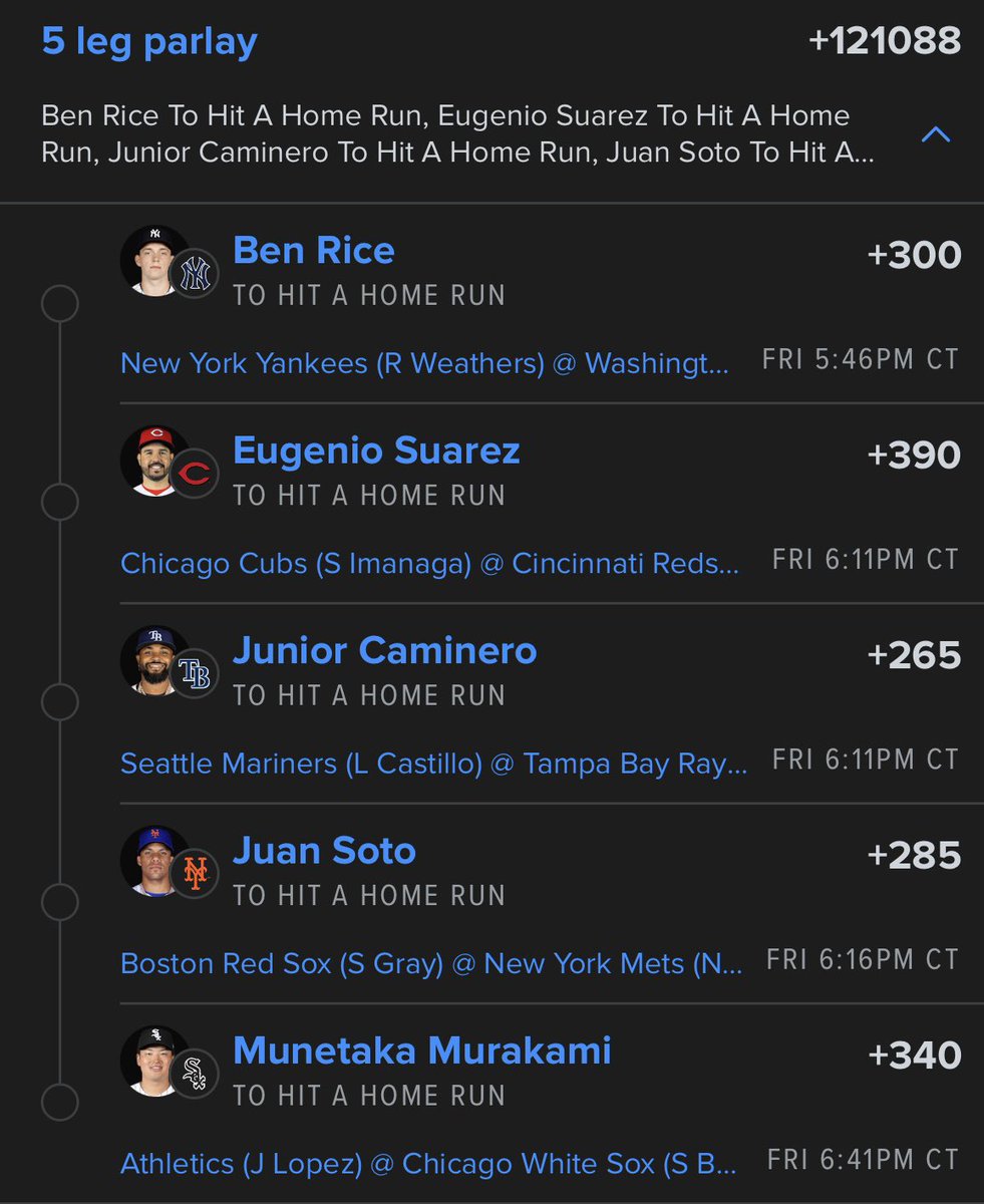 sliptogreen's tweet photo. Locked in an absolute monster +121088 MLB 5-leg home run parlay for tonight's slate! 💣⚾️

Get access to our exclusive VIP picks today by clicking the link in my bio!

#SportsBetting #MLB #VIPicks #GamblingX #Parlay @Playbook https://t.co/okmpa3YnRo