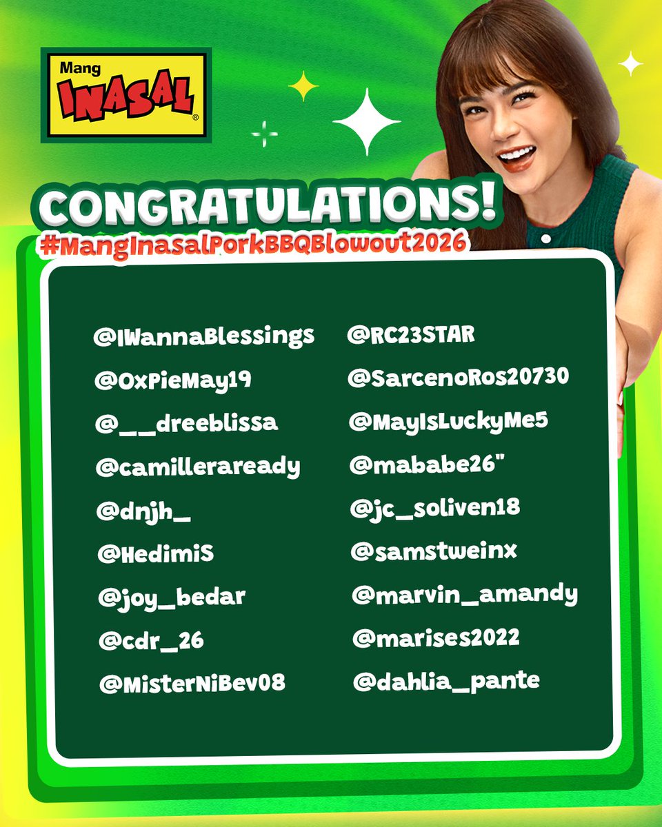 MangInasalPH's tweet photo. Presenting our winners! 🤩

Congratulations to our Ka-Unlis who won eGCs from our recent #MangInasalPorkBBQBlowout2026. Keep an eye out for a message from us for your Unli-Saya gift!

#ILoveMangInasal 💚💛 https://t.co/cTisn0LZBI