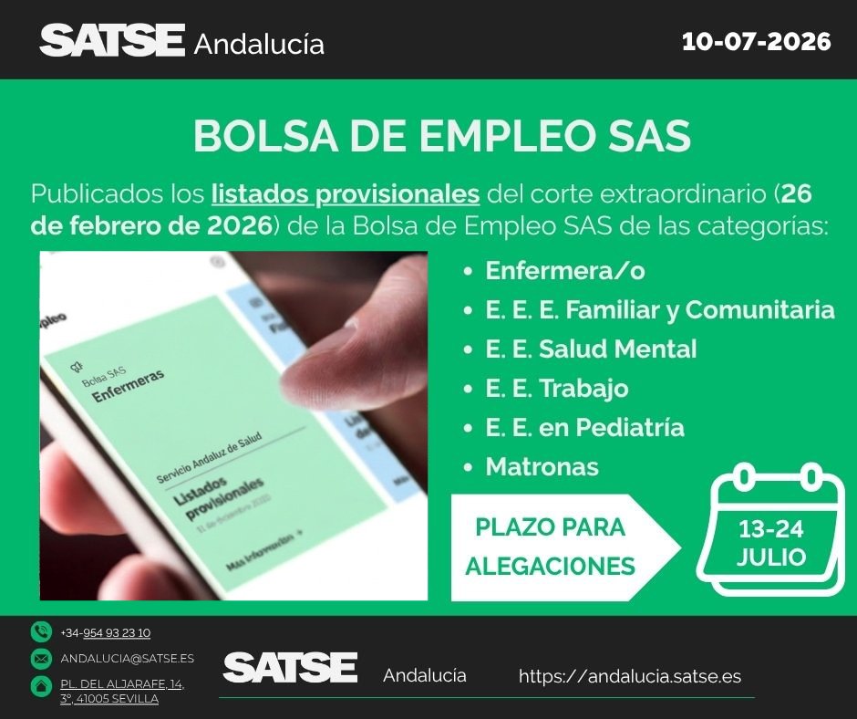 SATSE_Andalucia's tweet photo. ✅#SATSE Informa: Publicados los listados provisionales de la Bolsa de #Empleo del SAS de las categorías de #Enfermera y Enfermeras Especialistas
🗓️Alegaciones del 13 al 24 de julio, ambos incluidos a través de la VEC
🔗Consulta información y listados aquí https://t.co/gSy2tfKocN https://t.co/yXRjt8jdee