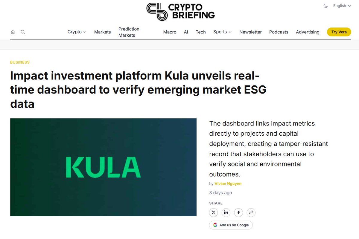 kula_dao's tweet photo. Hot off the press! 🔥📰

We're delighted to see our Real-Time Impact Dashboard covered in @Crypto_Briefing and @cryptodailyuk. 

The dashboard represents a significant innovation in the impact investing world, allowing impact to be measured in real-time so that investors have full visibility of their impact investments.

Learn more about the dashboard in the post below 👇