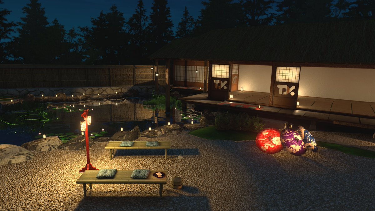 metametarea's tweet photo. 蛍が飛んでいる日本庭園のワールド
明かりが水面に反射して綺麗で、線香花火もできる
浴衣などを着ていくと凄く映える
world：Kimonowa Japanese Garden on a Summer Night World
By     ：Kimonowa
タグ：景観　夏
URLはリプライに記載↓

#VRC #VRChat_world紹介 https://t.co/0A117jp5Ij