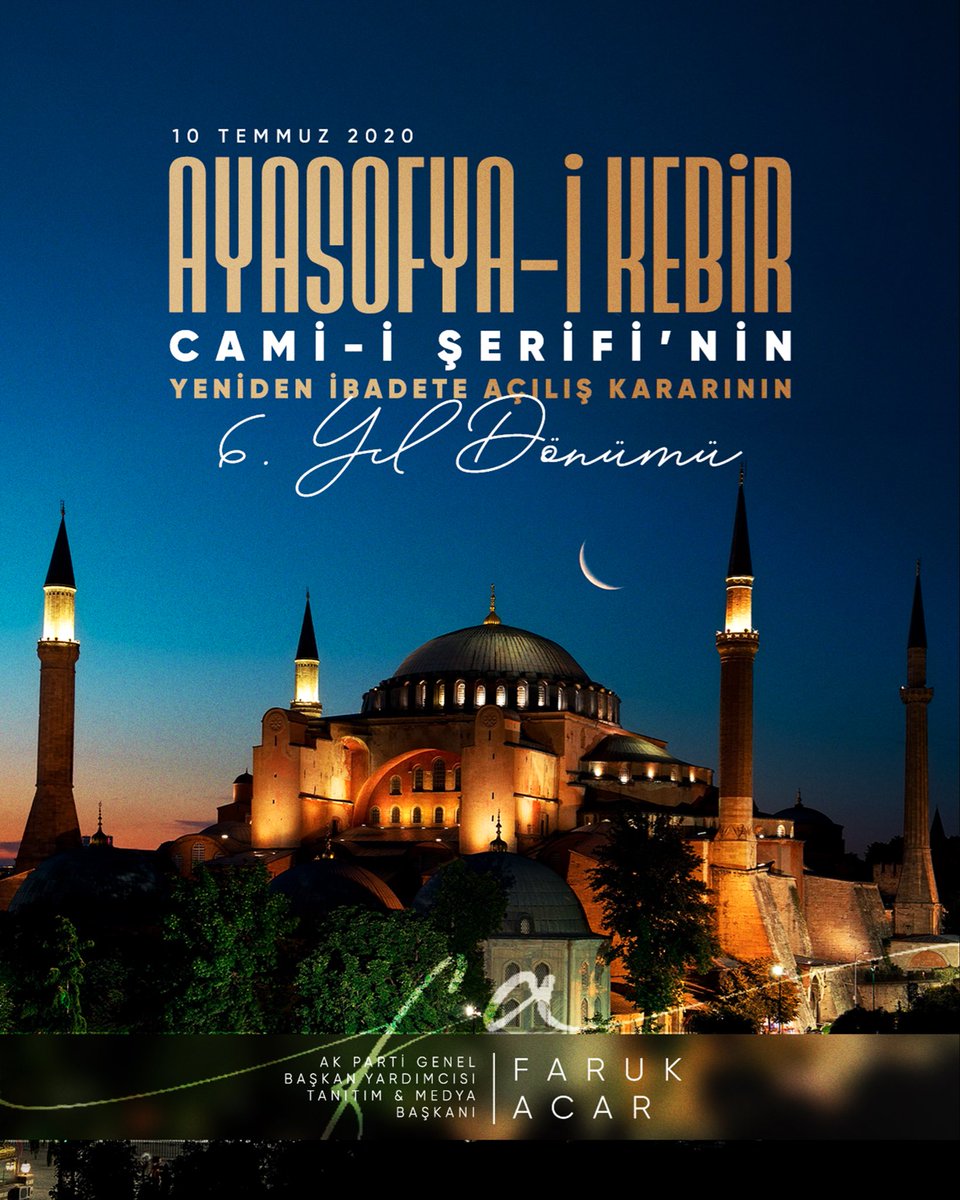 acarfaruka's tweet photo. Fethin nişanesi, Fatih’in emaneti #Ayasofya…

Milletimizin nesiller boyu yüreğinde taşıdığı büyük hasret, 6 yıl önce bugün Cumhurbaşkanımız Sayın @RTErdogan’ın tarihi iradesi ve tavizsiz liderliğiyle nihayete erdi.

Ayasofya-i Kebir Cami-i Şerifi, zincirlerinden kurtularak yeniden asli hüviyetine kavuştu.

Rabbim, bu kutlu mabedin kubbelerinden ezan-ı Muhammedi’yi, tekbirleri ve duaları kıyamete kadar eksik etmesin.