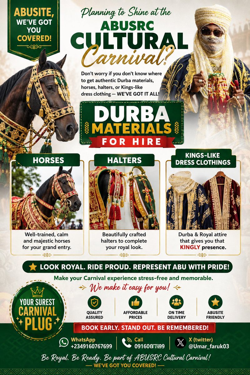 Umar_faruk03's tweet photo. Planning to participate in the ABUSRC Cultural Carnival but don't know where to get authentic Durbar materials? We've got you covered! Your surest carnival plug .
Contact us on WhatsApp: +2349160767699, Call: 09160767699,
#Abusite
#abusrccarnival26
My lease might be on your TL https://t.co/4kEVH8XStX