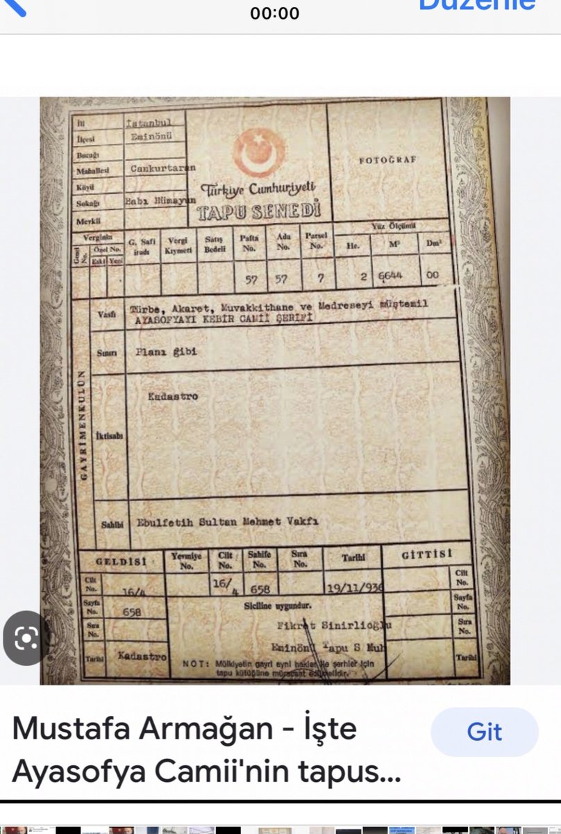 DedeGebze's tweet photo. @efkanala @Salih_Kapusuz Bu Tarihte RTE mi cumhurbaşkanı .? 
Bu tapuya istinaden yargı karar veriyor.
Neden müze olduğunu , Gerekçesini , Dünyadaki durumu araştır .
Öyle paylaş .
Her yanlıştan her durumdan bir paye çıkarmakla sonuç alamazsınız https://t.co/rrFbo5JX67