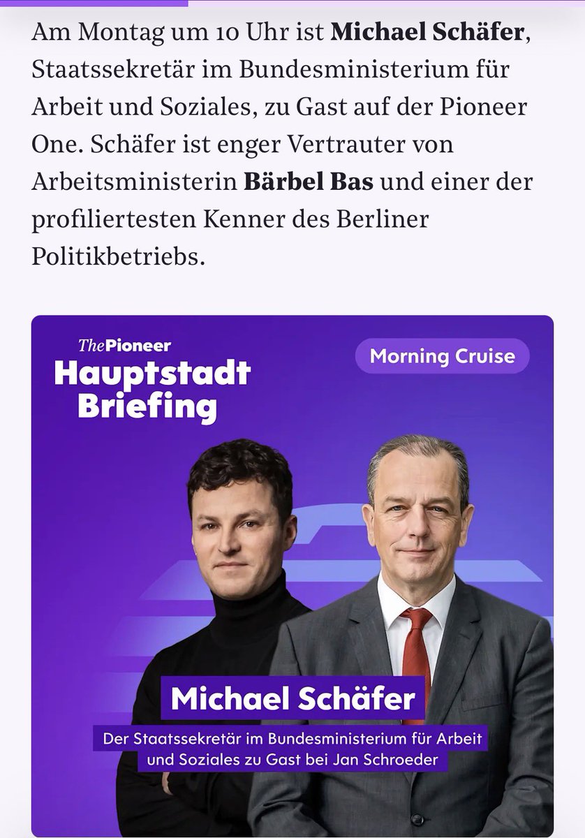 jansdoe's tweet photo. Kommenden Montag besucht uns Michael Schäfer, Staatssekretär im Arbeitsministerium, bei unserem „Hauptstadt Briefing“ Morning Cruise @ThePioneerDe. 
Wir diskutieren über Rentenpaket und Sozialstaatsreform (Bas: „größer als Hartz IV“). Tickets für die Veranstaltung gibt es 👇 https://t.co/crq3nmD2hY