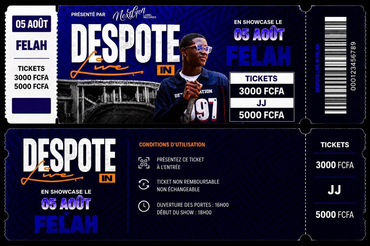 Nxtgenlabel's tweet photo. 🚨: BILLETTERIE OUVERTE
📅:05 Août 2026
📍:FELAH
🎫:TICKETS: 3000 F| JJ: 5000 F
Premier showcase du Despote, ne rate pas ça!
#rapivoire #rap #nextgenlabelrecords #showcase

https://t.co/dhhX43dlz0 https://t.co/eGuBvfkWOx