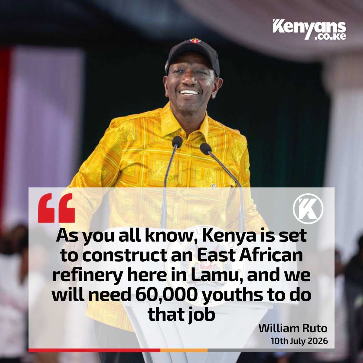 Kenyans's tweet photo. Kenya is set to construct an East African refinery here in Lamu, and we will need 60,000 youths to do that job - President Ruto https://t.co/ZfO3Iq45rP