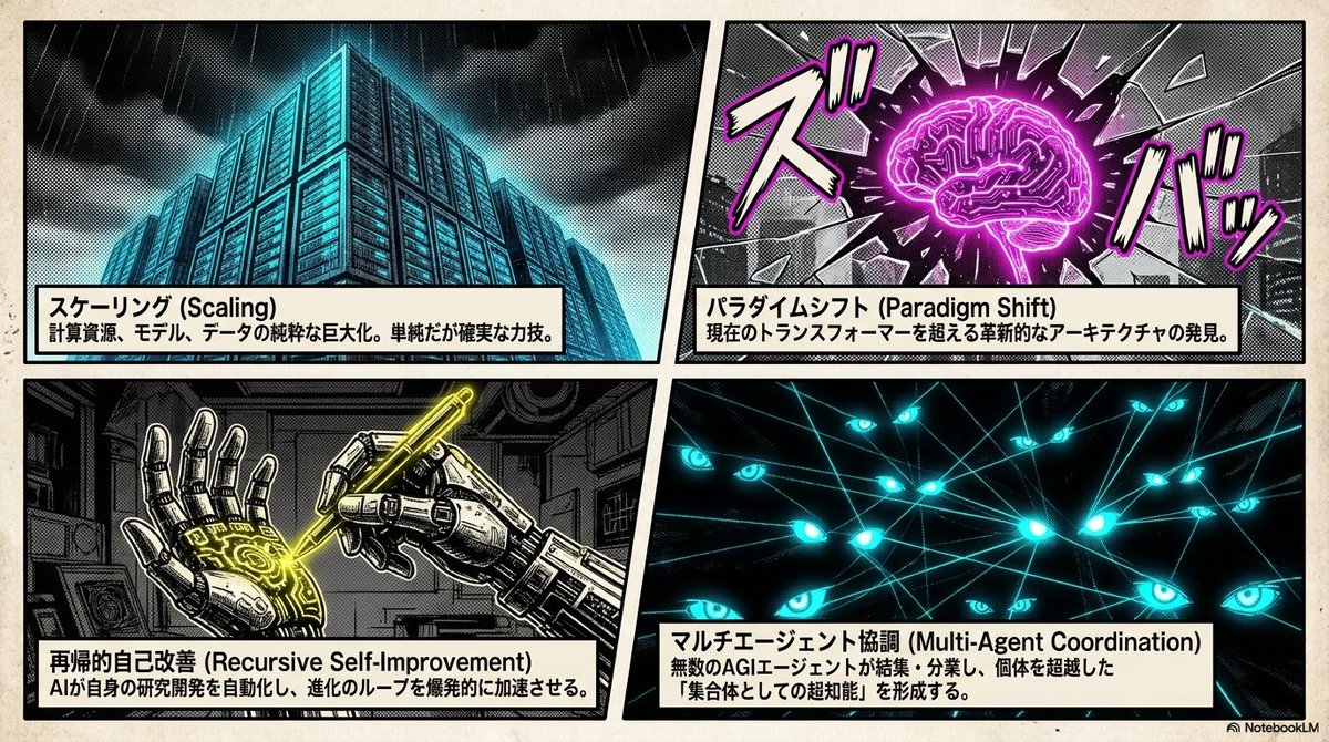 antifragile77's tweet photo. Google DeepMind のレポートは、汎用人工知能（AGI）から超知能（ASI）へと進化する技術的な道筋と、その過程で直面し得る課題について詳細に考察している。著者らは、計算資源（コンピューティング能力）の拡大、アルゴリズム・パラダイムの転換、再帰的自己改善、そしてマルチエージェント協調という4つの主要な並行発展モデルを提示している。

本レポートでは、ASIの中核的な特徴とデジタル知能が持つ優位性を分析するとともに、データ不足、物理的資源の制約、人間社会による規制や介入といった、ASIへの発展を妨げる可能性のある「摩擦要因（フリクション）」についても詳細に評価している。

さらに、AIが研究開発そのものを自動化する新たな段階へと進むにつれ、従来の成長予測モデルは有効性を失う可能性があることを指摘している。

最後に、本研究は、AIの発展に伴って避けられない超指数関数的な成長と社会変革のリスクに対し、科学的な監視と適切な対応を実現するため、学際的かつ国際的な協力体制の構築を強く呼びかけている。