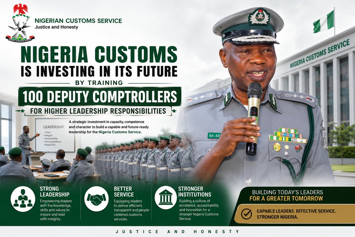 Progressviews's tweet photo. Nigeria Customs has commenced a strategic leadership programme for 100 Deputy Comptrollers to prepare them for senior command responsibilities.
https://t.co/gDvmfFNxSJ

#NigeriaCustoms #Leadership #Trade #ProgressViews https://t.co/0wNdwrpR63