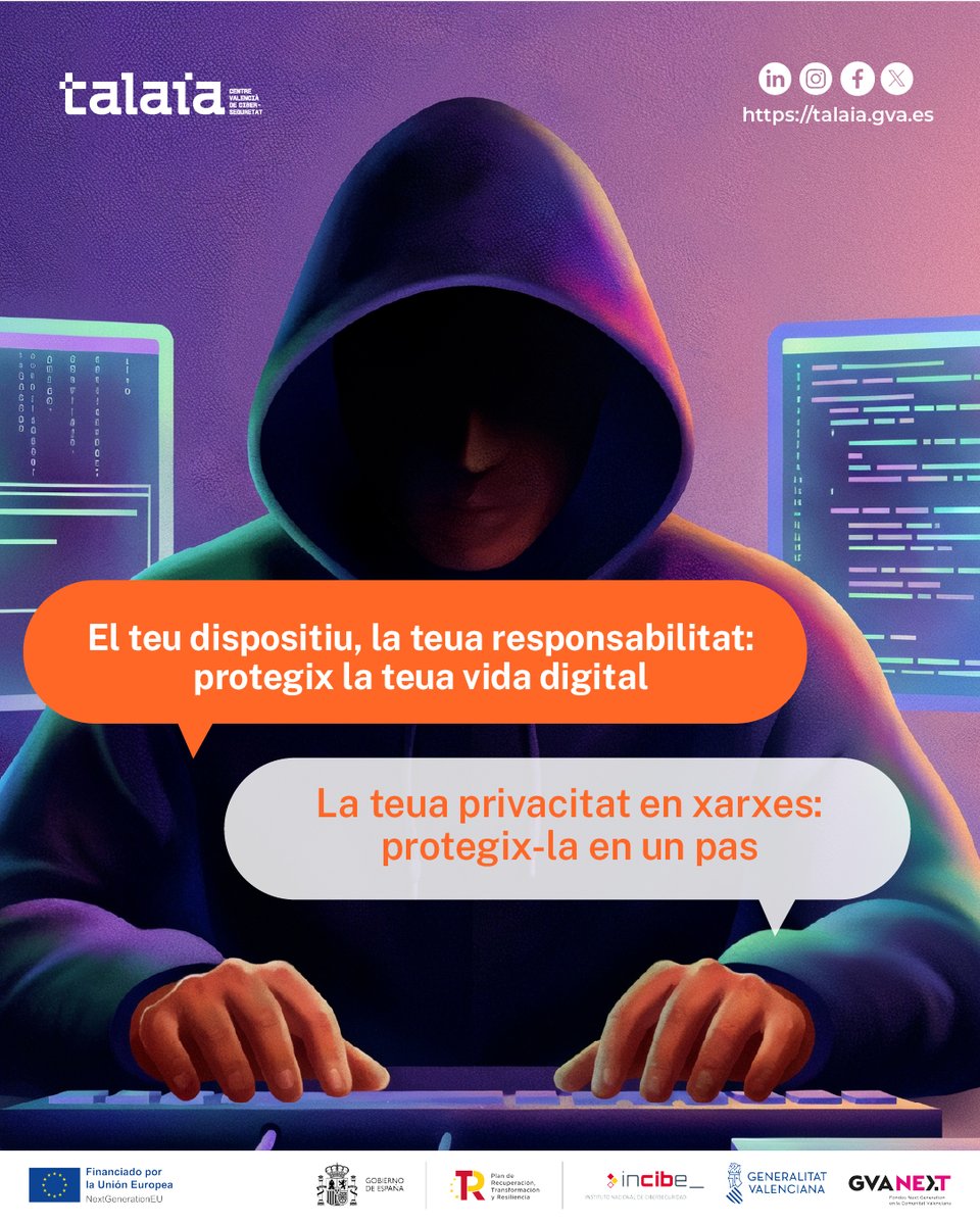 GVATalaia's tweet photo. 🔐La teua privacitat en xarxes socials pot estar més exposada del que creus

📱Aprén a configurar-la pas a pas en WhatsApp, Instagram i TikTok amb l’AEPD: https://t.co/vopzwRp2XV

⏱️En minuts pots millorar la teua seguretat

#ElteuDispositiuLateuaResponsabilitat #RETECHciber #PlanDeRecuperación #NextGenerationEU @GVAhisenda