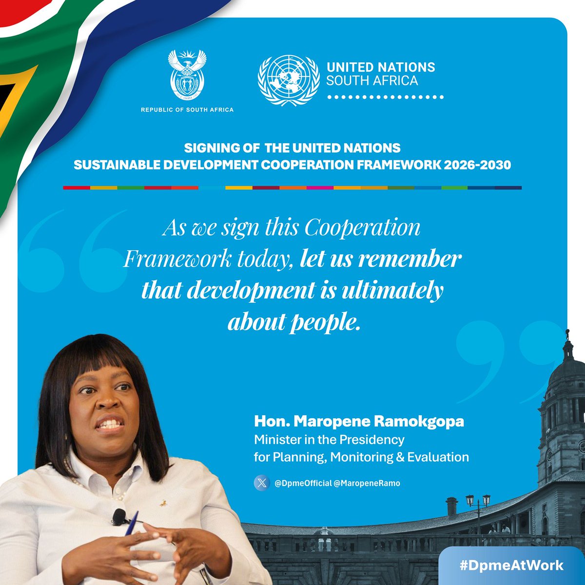 DpmeOfficial's tweet photo. 🗣️ SIGNING OF THE #UNSDCF | SPEECH HIGHLIGHT

_"As we sign this Cooperation Framework today, let us remember that development is ultimately about people.”_

-Hon. @MaropeneRamo 
@GovernmentZA
@UNinSouthAfrica
#DPMEAtWork https://t.co/YkUsbjJgfX