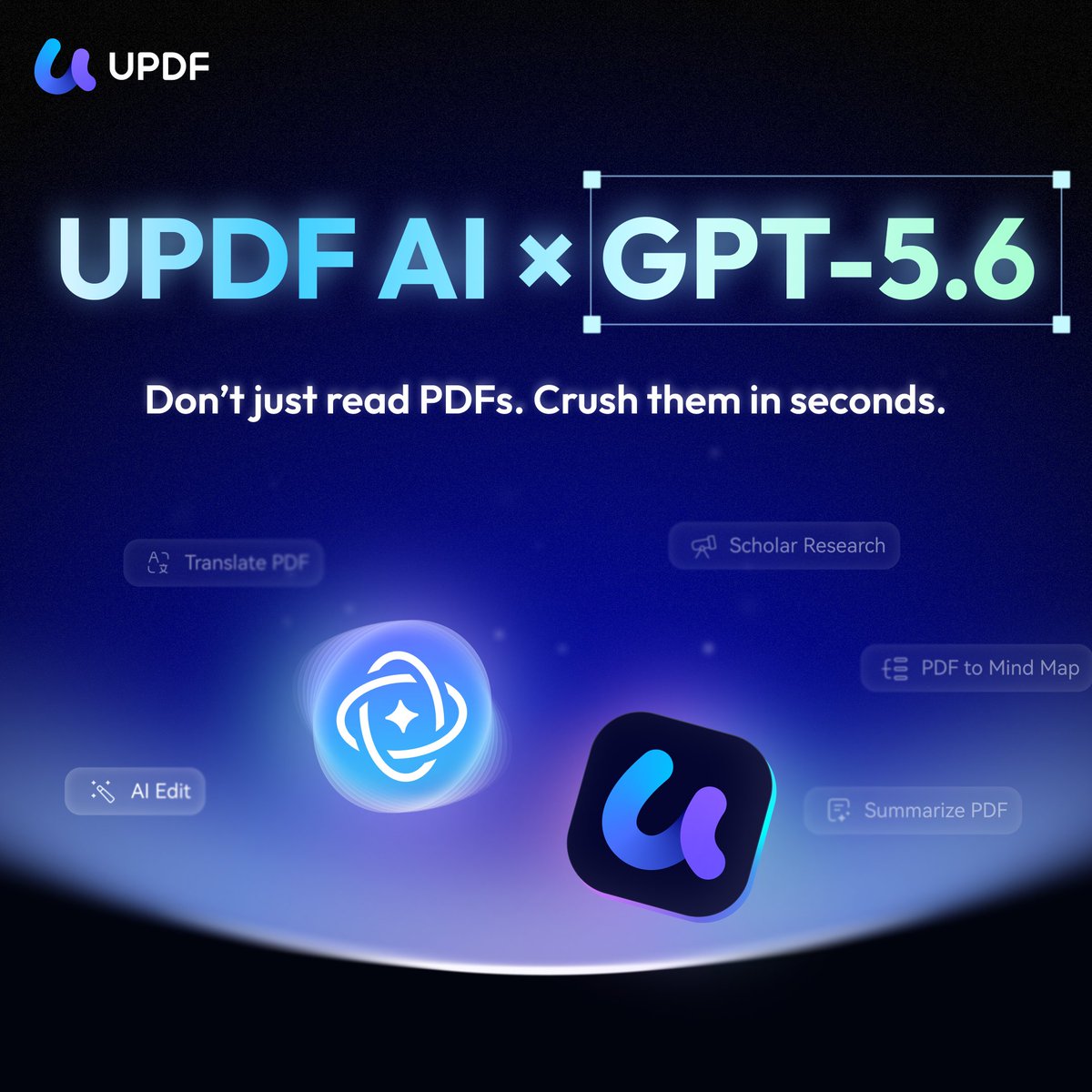 updfeditor's tweet photo. GPT-5.6 just dropped — Sol, Terra, Luna. Smarter, faster, more efficient.
UPDF AI already supports it. Client + web.
Summarize PDFs. Turn docs into mind maps. Crush research papers in seconds.
Don’t just read PDFs. Crush them.
#UPDF #GPT56 #PDFAI https://t.co/k0uMx2v6Rg