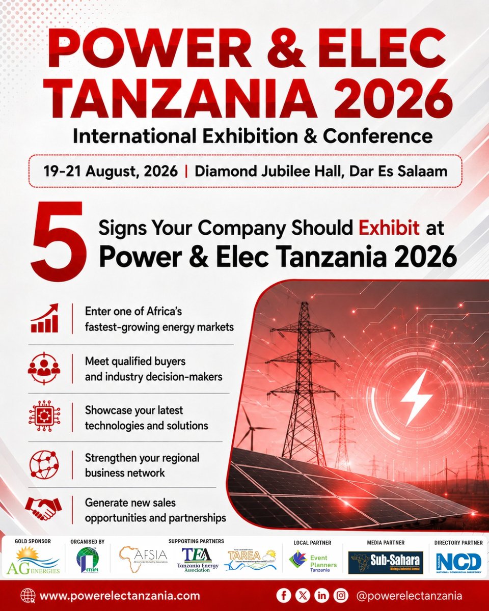 AFSIA_Official's tweet photo. Expand your business across East Africa at Power &amp; Elec Tanzania 2026.
Showcase your innovations, connect with buyers, and explore new market opportunities.

📅 19-21 August | 📍 Dar es Salaam

Register to exhibit or visit: https://t.co/etZ7iGOGwI

@powerelectz @Etsipl #Expo https://t.co/oSF4GWKUlf