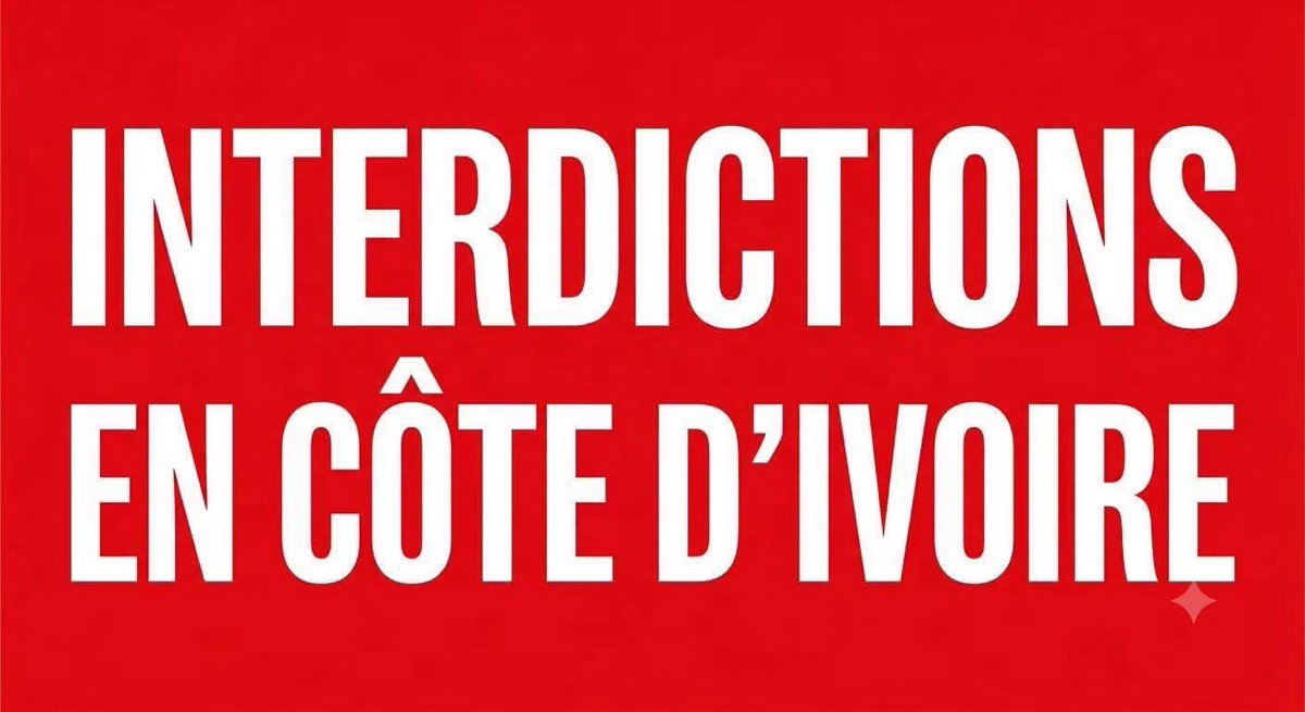 Cotedivoireoff_'s tweet photo. Quelques mesures d'interdiction en Côte d'Ivoire. 

📍L'utilisation du téléphone portable au volant.

 📍La production, l'importation, la commercialisation et l'utilisation des sachets plastiques non biodégradables.

📍L'orpaillage clandestin 

📍La consommation de la chicha dans les lieux publics et les transports.
 
📍L'importation de véhicules de tourisme d'occasion de plus de 5 ans.

📍L'importation, la vente et l'usage des pétards et autres artifices de divertissement.

📍Le siphonnage de gaz butane et la vente illicite de carburant à la sauvette.

📍L'occupation anarchique du domaine public par des commerces ou des gares spontanées.

📍L'émission de nuisances sonores excessives par les maquis, bars et édifices religieux.

📍Le jet d'ordures, de déchets plastiques et d'eaux usées dans les caniveaux et sur la voie publique.

📍Le racolage et la prost!tution sur la voie publique.

📍La pratique de l'excision 

📍L'activité des syndicats d'étudiants (FESCI et autres associations affiliées) sur toute l'étendue du territoire national.

📍Le transport de passagers par des motos-taxis à Abidjan.

📍L'importation, la commercialisation et l'élevage des races de ch!!!iens jugées dangereuses 

📍Fumer dans les lieux publics.

📍L'affichage publicitaire sauvage sur les édifices publics et les poteaux électriques sans autorisation.

📍La divagations des animaux domestiques et du bétail en zone urbaine.

📍L'installation de fumoirs et la vente de drogues ou de médicaments de qualité inférieure falsifiés (médicaments de rue).

📍La construction de bâtiments sans l'obtention préalable d'un Permis de Construire (PDC).