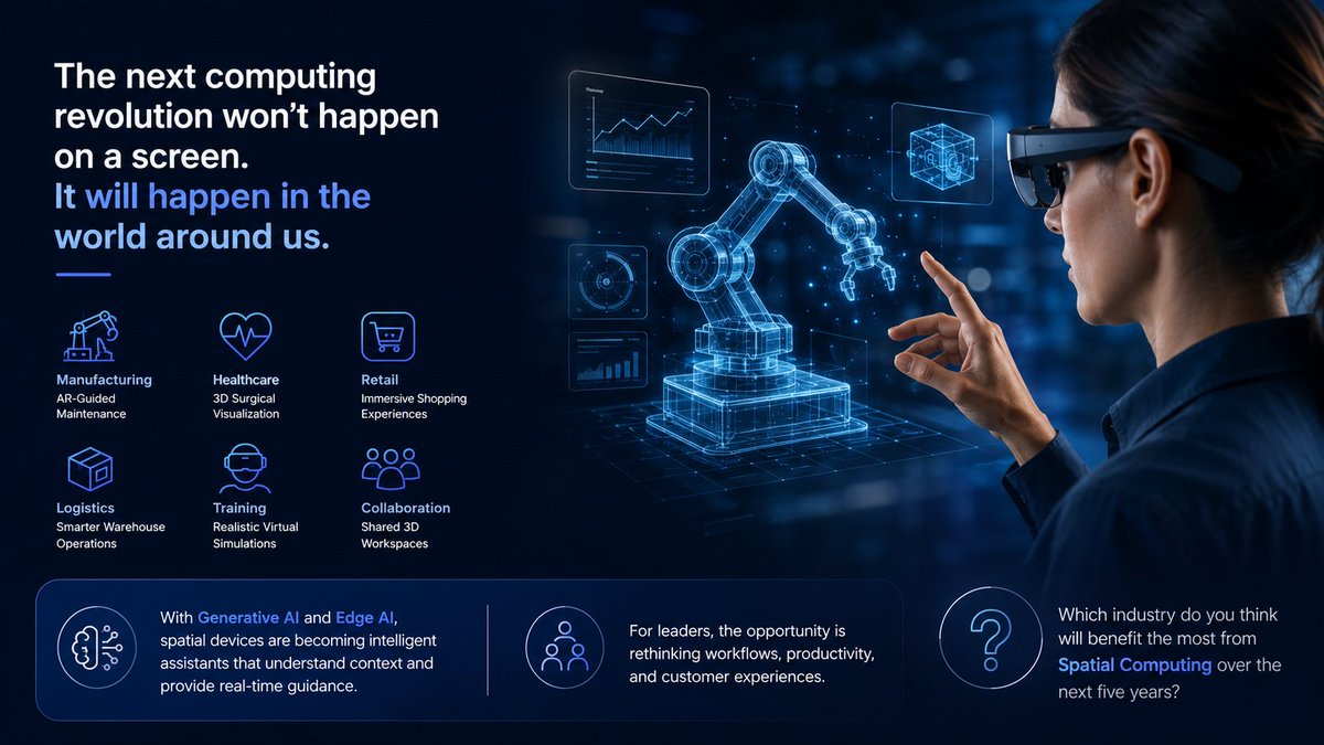 BRILCS's tweet photo. Computing is moving beyond screens. Spatial Computing, AI + AR/VR + real-world awareness,  is reshaping manufacturing, healthcare, retail, and logistics. The real shift is AI that understands your environment.
Which industry adopts it first?
 #AR #VR #AI #EnterpriseTech https://t.co/WNbCbFhWKX
