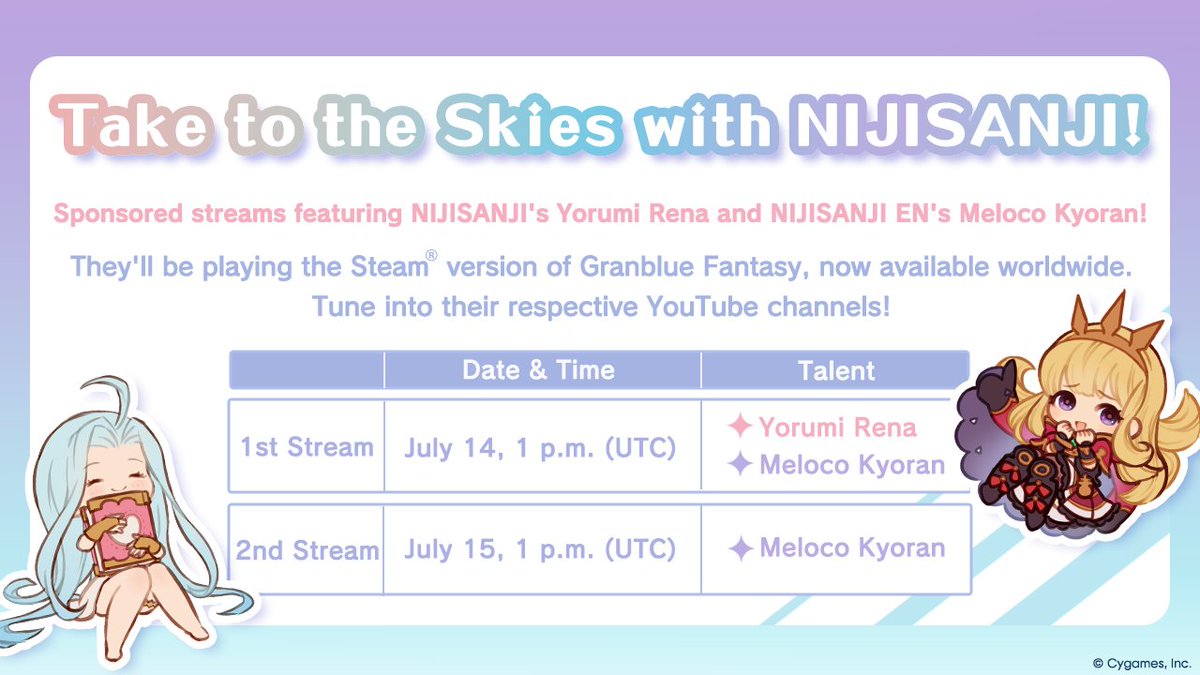 Cygames_EN's tweet photo. NIJISANJI's Yorumi Rena and NIJISANJI EN's Meloco Kyoran will be playing Granblue Fantasy on Steam in an upcoming live stream!

Tune into their respective YouTube channels as veteran skyfarer Rena guides Meloco on her journey as she takes on Sierokarte's Knickknack Academy!

#GBF #NijisanGBF
