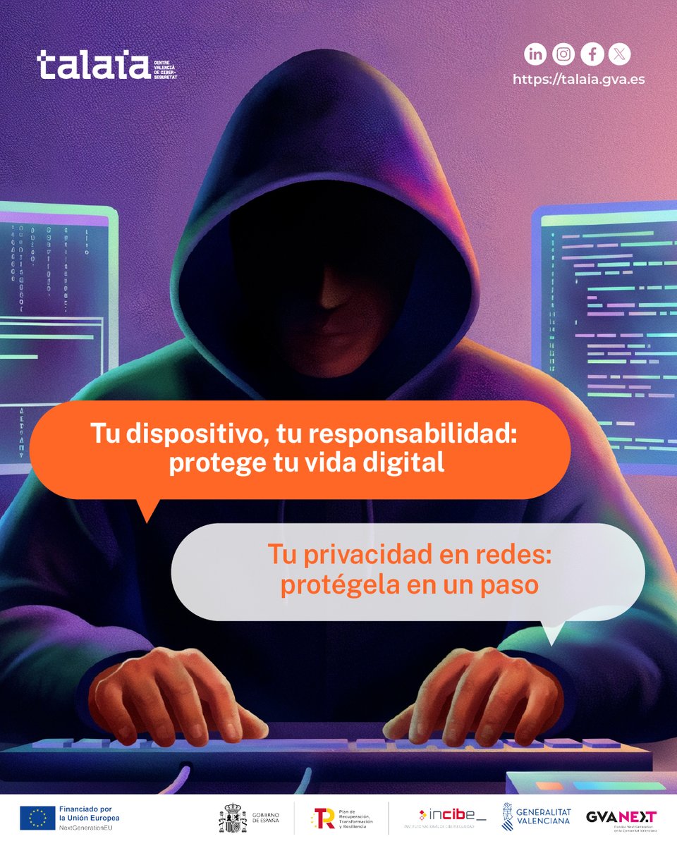 GVATalaia's tweet photo. 🔐 Tu privacidad en redes sociales puede estar más expuesta de lo que crees

📱 Aprende a configurarla paso a paso en WhatsApp, Instagram y TikTok con la AEPD: https://t.co/vopzwRpANt

⏱️ En minutos puedes mejorar tu seguridad

#TuDispositivoTuResponsabilidad #RETECHciber #PlanDeRecuperación #NextGenerationEU @GVAhisenda