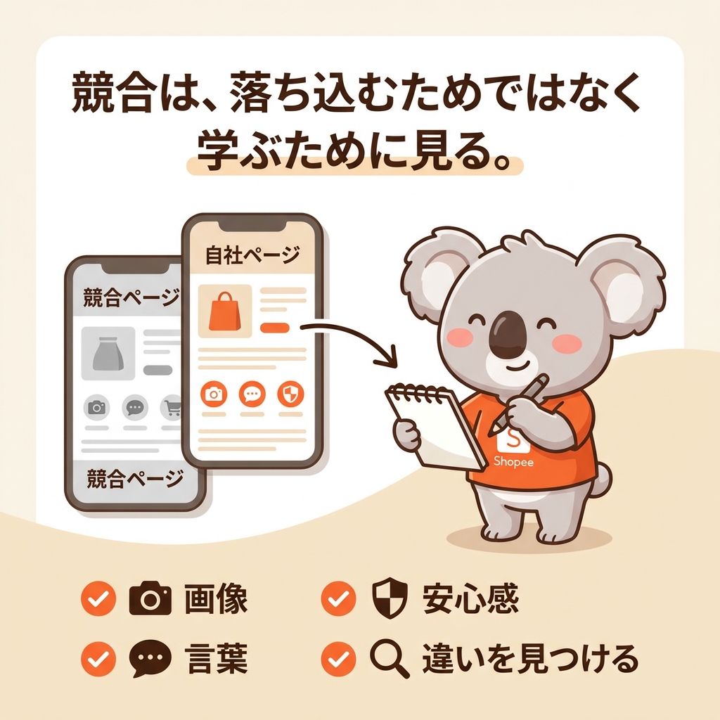 ZerooneJapan100's tweet photo. おはコアラ🐨

競合を見ると、
不安になることがあります。
こんなに安いのか。
レビューが多いな。
自分には勝てないかも。

これ、Shopeeでもよくあります。
普通は、
競合を見ると比べて落ち込みます。
でも僕は、
競合は落ち込むためではなく、
学ぶために見るものやと思っています。

見るポイントは、

・どんな画像を使っているか
・どんな言葉で説明しているか
・どんな不安を先回りしているか
・どこに安心感があるか
・自分なら何を変えられるか
競合と同じことをするためではありません。

同じ土俵で戦わないために、
違いを見つける。
これが本質マーケの大事な視点です。
競合ページを見る時、
あなたは何を学びたいですか？