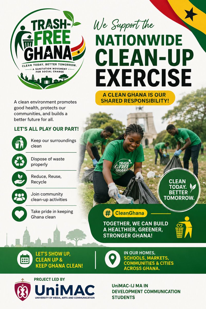 TRASHFREEGHANA's tweet photo. Supporting Ghana's Nationwide Clean-Up Exercise
A clean Ghana is everyone's responsibility. The Trash-Free Ghana Project, led by UniMAC-IJ MA in Development Communication students, proudly supports the Government of Ghana's nationwide clean-up exercise. https://t.co/YsuZ8uooCP