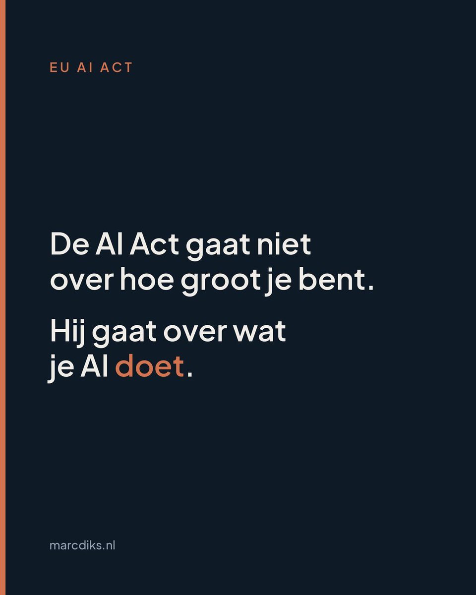 Mdiks1's tweet photo. De AI Act gaat niet over hoe groot je bedrijf is.

Hij gaat over wat je AI doet.

Dat scheelt nogal.

Bijna wekelijks krijg ik van ondernemers dezelfde vraag: "moet ik eigenlijk iets met die AI Act?" En bijna altijd zit hun eigen inschatting ernaast.

Niet omdat ze het slecht hebben uitgezocht. Maar omdat ze naar het verkeerde kijken. Ze denken in omzet, in sector, in "wij zijn toch geen techbedrijf". De wet denkt daar niet in.

De AI Act kijkt naar wat je AI dóét, en of het effect in de EU landt. Hetzelfde principe als de AVG. Een Amerikaanse tool die jouw Nederlandse klanten bedient, valt er net zo goed onder als jouw bedrijf.

Neem je klantenservicechatbot. Onschuldig, denk je. Maar zodra een klant met AI praat, moet dat herkenbaar zijn. Dat is een transparantieplicht, en die geldt gewoon per 2 augustus 2026. Dit jaar dus.

En terwijl half ondernemend Nederland denkt dat het uitstel betekent dat er niks speelt, is dít de eerste deadline die je echt raakt.

Val je er sowieso onder? Nee. Sommige organisaties juist niet. Maar veel vaker wél dan de meesten denken.

Dus stel niet de vraag hoe groot je bent. Stel de vraag wat je automatiseert. Daar begint het.