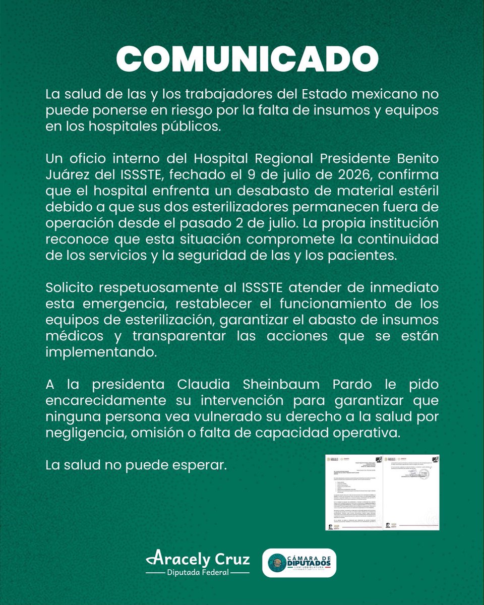 LauraBruges's tweet photo. 👩🏻‍⚕️🏥El Hospital Regional “Presidente Benito Juárez” no tiene gasas, compresas, bultos de ropa estériles, ni material para procedimientos. 

Los esterilizadores Steelco 1 y 2 llevan una semana fuera de servicio (desde el 2 de julio). Intentaron trasladar material a otros dos hospitales para esterilizarlo pero se encontraron con la sorpresa que en la Clínica Hospital del ISSSTE tampoco, tras reportarse una falla en su esterilizador. 

Oficio HRPBJ/CE/269/2026 para que @martibatres no digan que son “bots de la derecha”, son hechos.

Incluso la diputada @MAracely_Cruz  del PT exigió restablecer los esterilizadores, garantizar insumos y transparentar qué acciones se están tomando, pidiendo la intervención de la presidenta Sheinbaum.