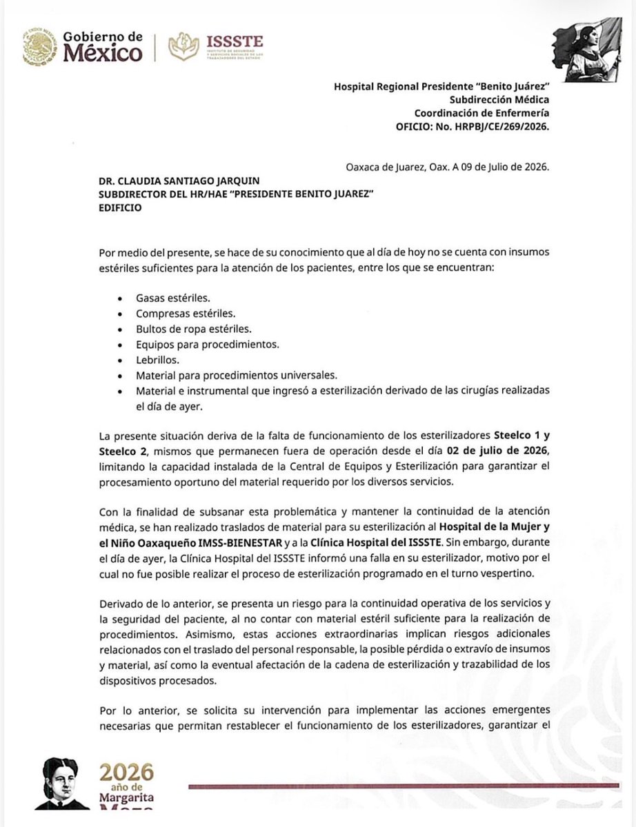 LauraBruges's tweet photo. 👩🏻‍⚕️🏥El Hospital Regional “Presidente Benito Juárez” no tiene gasas, compresas, bultos de ropa estériles, ni material para procedimientos. 

Los esterilizadores Steelco 1 y 2 llevan una semana fuera de servicio (desde el 2 de julio). Intentaron trasladar material a otros dos hospitales para esterilizarlo pero se encontraron con la sorpresa que en la Clínica Hospital del ISSSTE tampoco, tras reportarse una falla en su esterilizador. 

Oficio HRPBJ/CE/269/2026 para que @martibatres no digan que son “bots de la derecha”, son hechos.

Incluso la diputada @MAracely_Cruz  del PT exigió restablecer los esterilizadores, garantizar insumos y transparentar qué acciones se están tomando, pidiendo la intervención de la presidenta Sheinbaum.