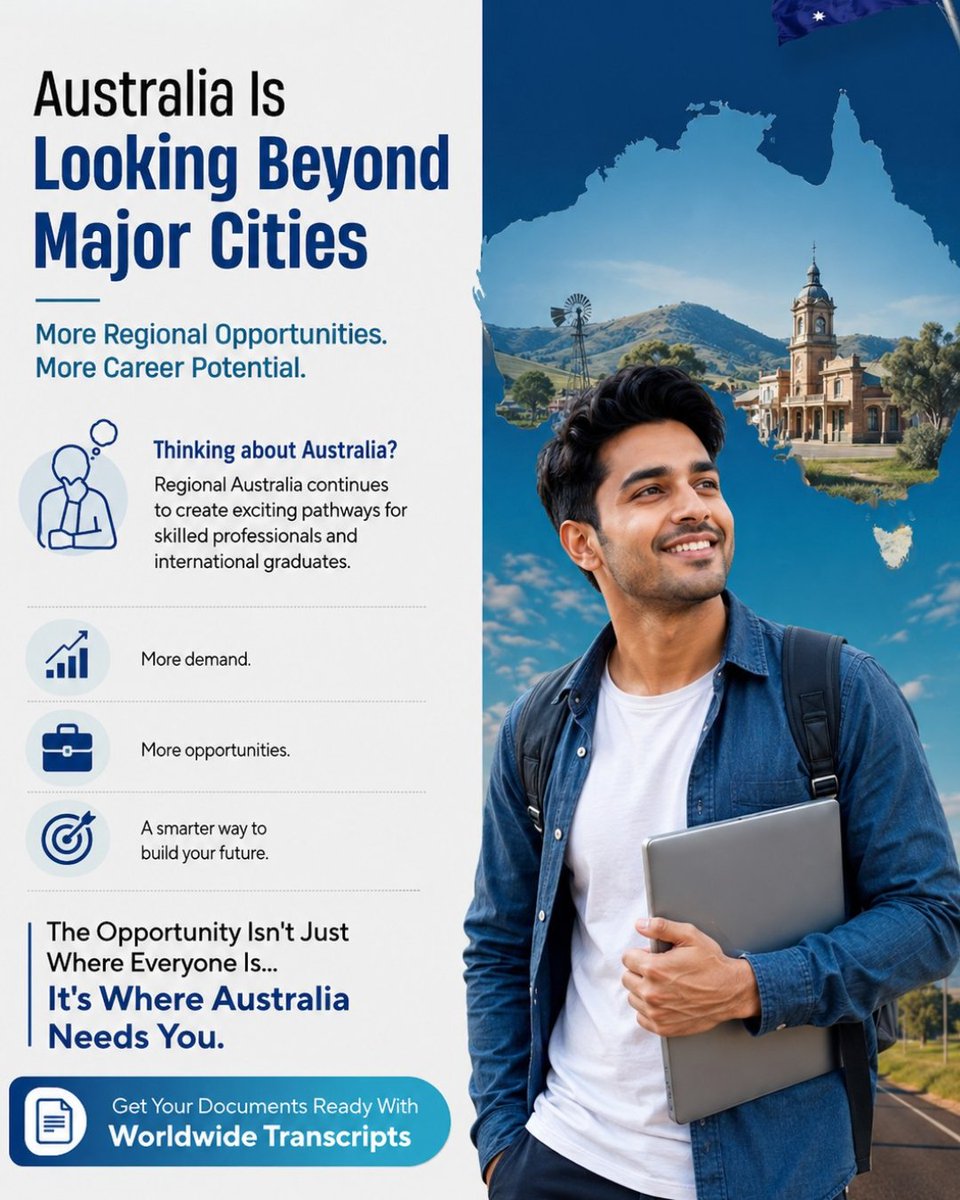 Wwtranscripts's tweet photo. Did you know?
Australia is creating more opportunities beyond its major cities.
More regional demand.
More career potential.
Smarter migration pathways.
Get your academic documents ready before your next opportunity arrives. https://t.co/lELUWKKnpD
