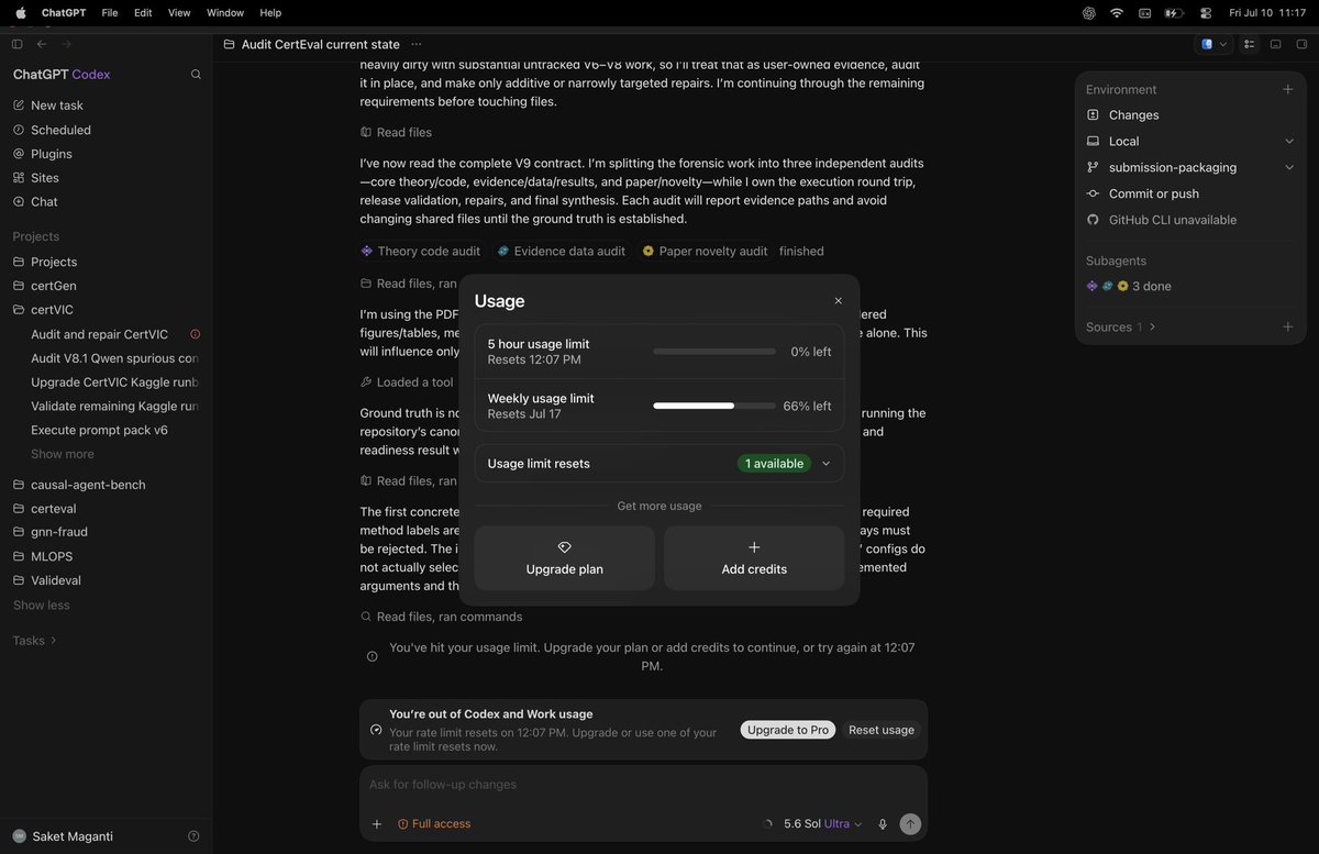 Saketmgnt's tweet photo. @thsottiaux Hello Tibbs @thsottiaux 
Sol is not finishing the tasks it used to. It shows rate limits reached instead of actually finishing the tasks. Is this new or is it a bug? https://t.co/q13HgIwhGf