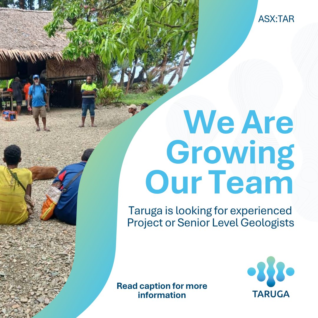 MineralsTaruga's tweet photo. $TAR PNG field team is growing. EOI open: Project–Senior #Geologist, 5+ yrs, drilling supervisor, core logging, structural mapping, QA/QC. Epithermal/porphyry exp a plus. PNG-based preferred, expats welcome
Email brent.laws@tarugaminerals.com.au
Details: https://t.co/cQawtOO0e3 https://t.co/dZvqRph1Uo