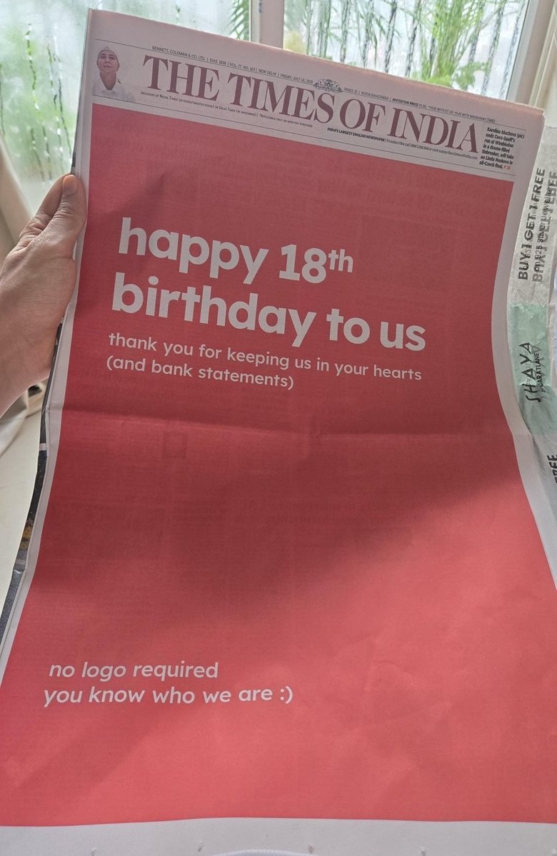 amitkilhor's tweet photo. What a brilliant ad by @bookmyshow 

BookMyShow was launched in August 2007 and is in its 18th year .

It takes brand confidence to go without logo as the color is immediately associated with @bookmyshow .

Or it could be coca cola also. 
Let me order some cola from zomato. https://t.co/8NOmxbP2JU