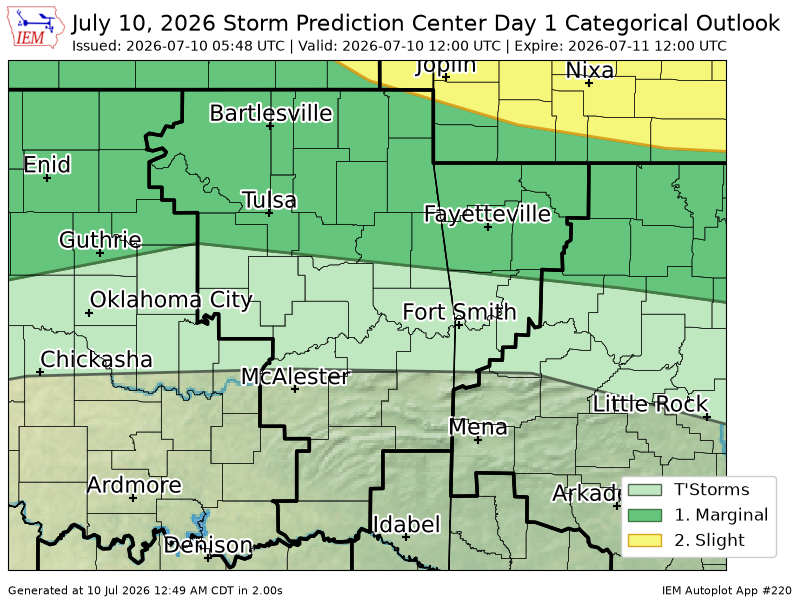 225AlertsAR's tweet photo. #SPC issues Day 1 Slight Convective Risk at Jul 10, 5:48z for TSA https://t.co/mRroGtTQZs https://t.co/wvpPJlMXMO