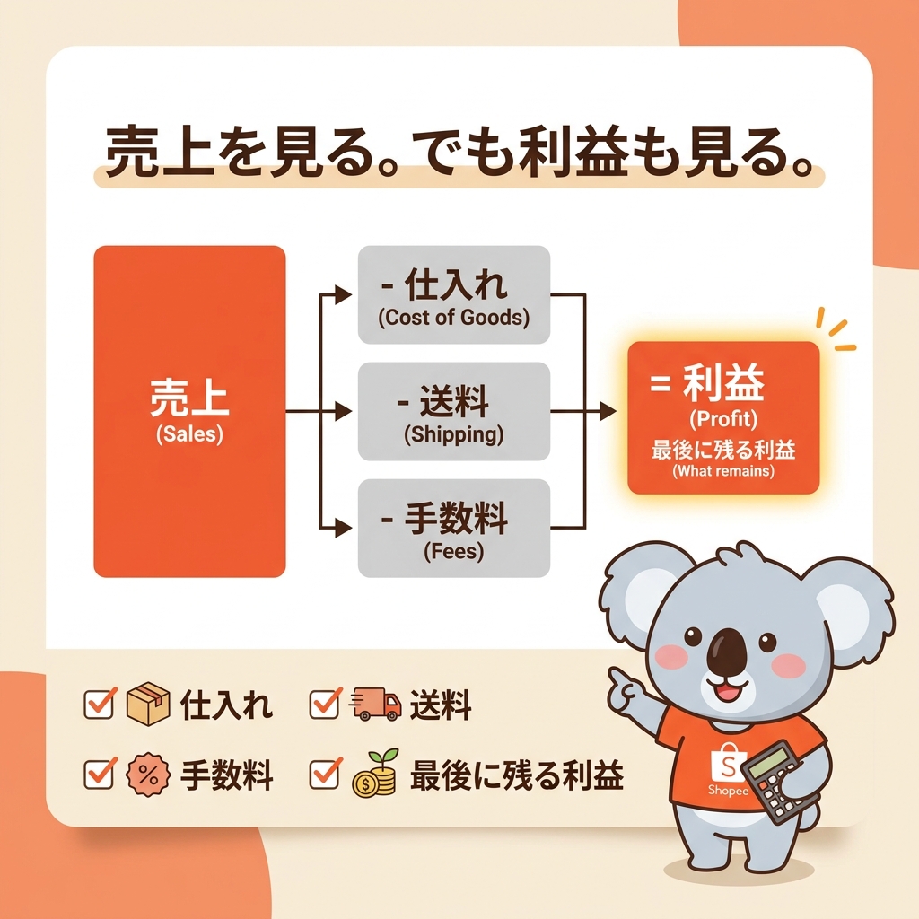 ZerooneJapan100's tweet photo. おつコアラ🐨

副業を始めると、
つい売上に目が行きます。
売れた。
注文が入った。
数字が増えた。

これは嬉しいことです。
でも僕は、
売上だけではなく、
最終的にいくら残るかを見ることが大事やと思っています。
これ、Shopeeでも同じです。

確認したいのは、

・仕入れにかかるお金
・送料
・手数料
・梱包などの費用
・最後に残る利益
売上があっても、
利益が残らなければ続けにくくなります。
お金の不安を減らすには、
感覚ではなく見える化が大切です。

売上を見る。
でも利益も見る。

今日、自分のビジネスで確認したい数字は何ですか？