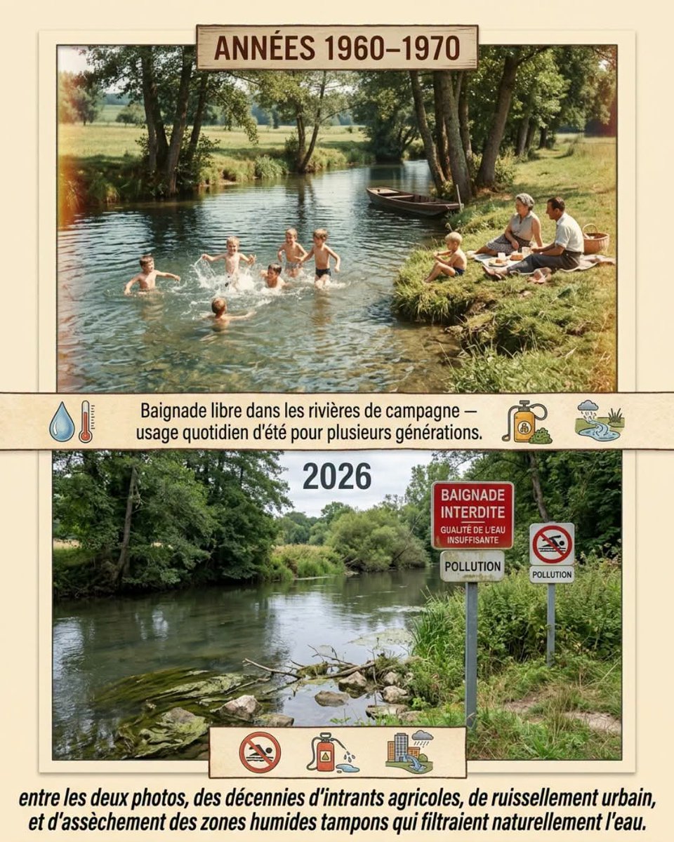 PNerval's tweet photo. Il y a cinquante ans, des générations d'enfants français ont passé leurs étés à se baigner dans les rivières de campagne. Pas dans des piscines aménagées avec surveillance, mais dans l'eau directe de la rivière du fond du pré, là où le fond était de sable ou de gravier, là où les vairons passaient entre les pieds.

Cette pratique, courante jusqu'aux années 1980 dans de nombreuses régions, est devenue rare puis interdite dans un nombre croissant de cours d'eau français, non par changement de réglementation arbitraire mais par dégradation réelle et mesurée de la qualité de l'eau.

Les causes sont multiples et documentées : augmentation des intrants agricoles azotés et phosphorés entraînés par ruissellement vers les cours d'eau, imperméabilisation croissante des bassins versants accélérant ce ruissellement, drainage des zones humides riveraines qui filtraient naturellement une partie des polluants avant leur arrivée dans la rivière.

La directive cadre sur l'eau européenne, adoptée en 2000, fixait un objectif de bon état écologique pour l'ensemble des masses d'eau européennes d'ici 2015, puis repoussé à 2027. Des progrès ont été réalisés dans certains bassins, mais de nombreuses rivières françaises restent en état insuffisant pour permettre la baignade libre que des générations entières considéraient comme un droit naturel de l'été.