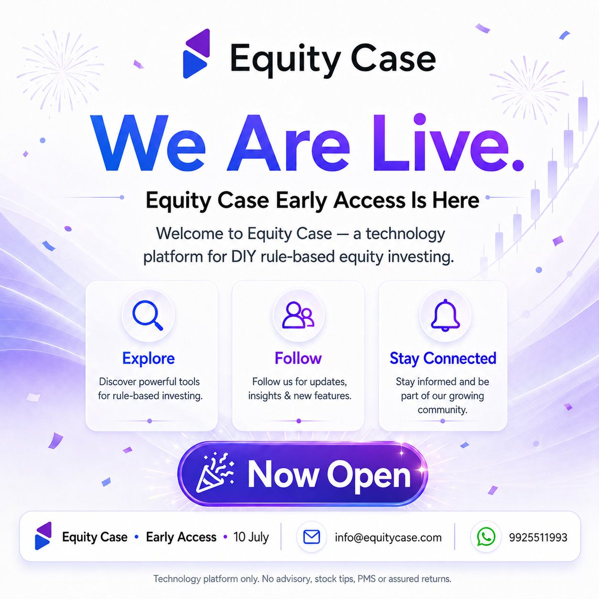 equitycase's tweet photo. 🚀 We Are Live! 
Equity Case Early Access is now open!  
Build, back-test &amp; invest with powerful rule-based tools for DIY equity investing.  
Join the future of smart investing today!  📷#EquityCase #RuleBasedInvesting #DIYInvesting #StockMarket #InvestSmart #Momentum https://t.co/Dc8AuXuBDM
