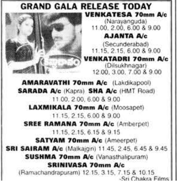 MoviesUpdatez's tweet photo. #28YearsForKanyadanam 

Hyderabad, Venkatesa70 85 Days Run.   

Replaced With #DaddyDaddy

@actorsrikanth #Rachana @nimmaupendra @RajeevCo

A Film by E.V.V.Satyanarayana #Kanyadanam https://t.co/F2MG7RBU7E