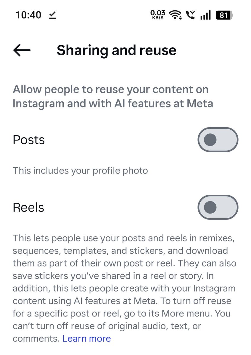 yabhishekhd's tweet photo. ⚠️ If your Instagram account is public, Meta's new Muse AI can use your public photos to generate AI images by simply @ mentioning your account without your consent.

The feature is enabled by default for adult public accounts (currently rolling out in the US), and you won't be notified if someone uses your content.

If you don't want this, go to:

Instagram → Profile → ☰ → Settings & activity → Sharing and reuse → Turn OFF Posts and Reels under "Allow people to use your content on Instagram and with AI features at Meta."

Keep in mind that turning this off also disables features like Remixes, and it won't remove AI images that were already created before you opted out.