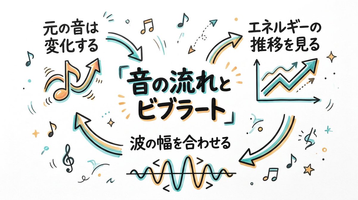 TATASAX7's tweet photo. ビブラートは一つの音の中でも、常に同じ状態で続くわけではありません。音そのものがクレッシェンドしていたり、逆にデクレッシェンドしていたりと変化していくなら、その変化に合わせてビブラートも移り変わっていく必要があります。この「元の音に合わせてビブラートも変化する」という感覚が、自然で表現力のある揺れにつながります。

なぜこれが大事かというと、どれだけビブラート自体の技術を磨いても、元の音の流れと切り離されていると、音楽全体のエネルギーと噛み合わなくなってしまうからです。音楽のフレーズには必ずエネルギーの方向性があります。その流れとビブラートの変化が一体になったとき、初めて説得力のある響きになります。

ここで重要になるのが「エネルギーの推移」という視点です。そもそも元の音が時間とともにどう変化しているかを捉え、その流れを前提にビブラートを設計する必要があります。音量や緊張感、フレーズの向かう方向といったエネルギーの変化を無視して、ビブラートだけを固定してしまうと、音楽的な説得力は弱くなってしまいます。

具体的には、クレッシェンドで音が大きくなっていくにつれてビブラートの波の幅を少しずつ大きくしていく、デクレッシェンドに入ったらそれに合わせて波の幅を徐々に小さくしていく、といった使い方がよくある実例です。同じ速さと幅のビブラートをただ乗せるのではなく、元の音のエネルギーに寄り添いながら揺れ方を変えていくことで、より自然で音楽的な表現になります。

ビブラートを練習するときは、元の音のエネルギーの推移をよく感じ取りながら、その流れに沿って波の幅を変えていくことを意識してみてください。