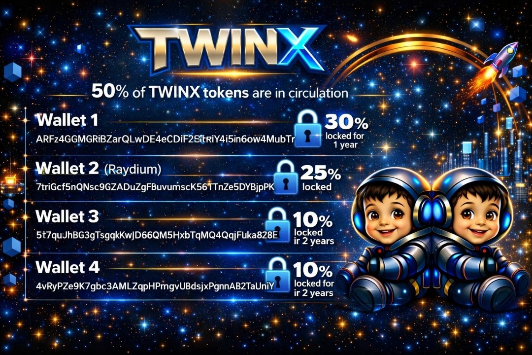 TwinX_Sol's tweet photo. $TWINX Wallets Transparency Update

✨ Visual clarity and trust for all holders. 
https://t.co/ZKR2EZhbi6
Wallet 1: 30 % locked for 1 year 🔒Wallet 2 (Raydium Liquidity): 25 % 🔒Wallet 3: 10 % locked for 2 years 🔒Wallet 4: 10 % locked for 2 years 🔒 https://t.co/sutSXaLtV1