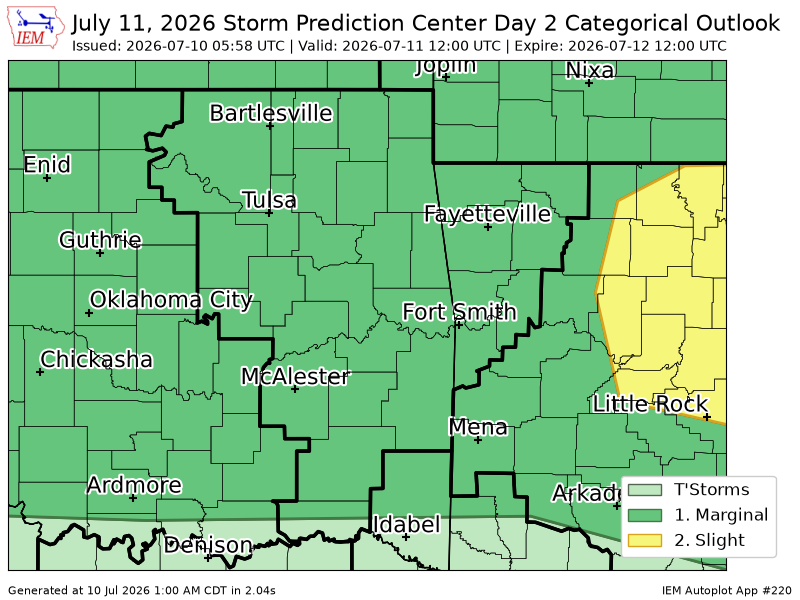 225AlertsAR's tweet photo. #SPC issues Day 2 Marginal Convective Risk at Jul 10, 5:58z for TSA https://t.co/LcK3UGOP4o https://t.co/ZRez1fHIB9