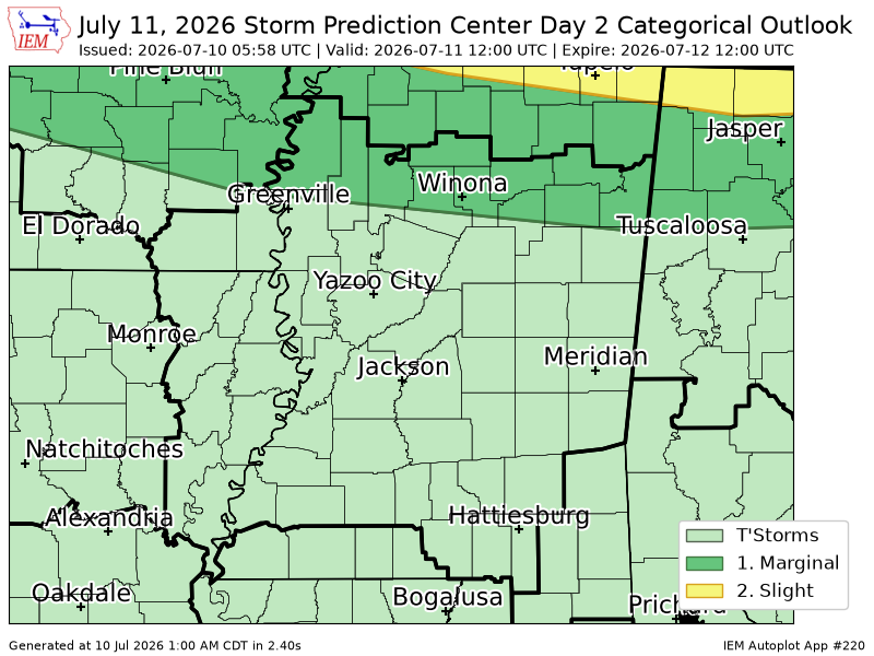 ArkLaMissWX's tweet photo. #SPC issues Day 2 Marginal Convective Risk at Jul 10, 5:58z for JAN https://t.co/cJbII3FVYO https://t.co/wMxtwjLegi