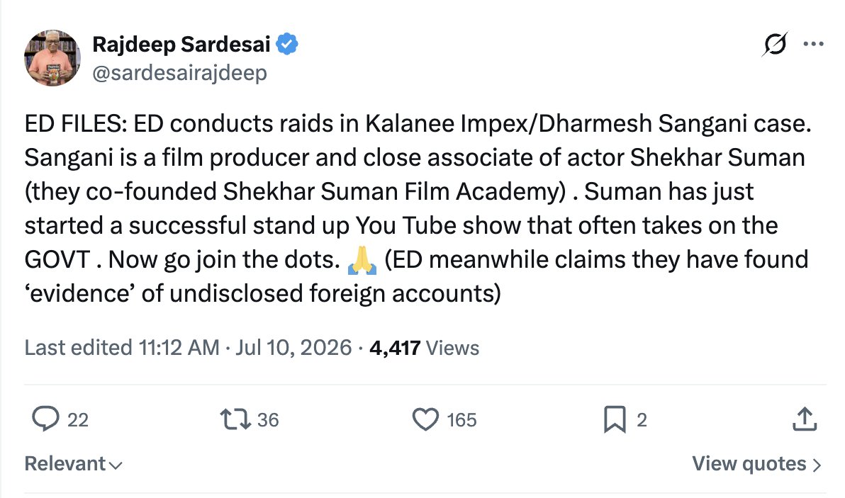 nirwamehta's tweet photo. Being 'anti-Modi' or 'anti-Government' is not a free pass to not follow law of the land. Just because Sangnani is associated with a random YouTube channel (with 400k subscribers as of now) where host makes videos taking on the government, somehow they should not be investigated for financial irregularities, as per Sardesai. 

Since when does having a "progressive" media venture or partnering with high-profile names give you a get-out-of-jail-free card?

Let’s look at the facts. We are talking about a guy who had 7.4 kg of 22-carat gold seized at Heathrow because he tried to bypass UK customs with fabricated invoices. We are talking about another partner who was caught red-handed by SEBI executing fake trades to manipulate the stock market.

But sure, let’s wrap them in the flag of "independent media" and pretend any legal scrutiny is just a political vendetta. 

If you smuggle gold or rig the market, you get investigated. Period. It's called accountability, no matter how many anti-establishment YouTube videos your platform produces.