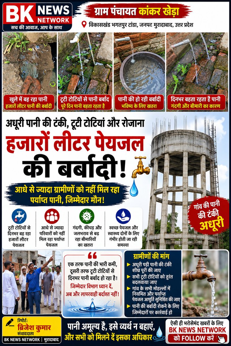 Uttarkesri's tweet photo. मुरादाबाद के भगतपुर टांडा स्थित ग्राम कॉकर खेड़ा में अधूरी पानी की टंकी और टूटी टोटियों से रोज़ाना पेयजल की बर्बादी हो रही है। ग्रामीणों को पर्याप्त पानी भी नहीं मिल रहा। कृपया मामले की जांच कर आवश्यक कार्रवाई करें। @CMOfficeUP @myogioffice @Upjnrmoradabad https://t.co/O29WnEnrcj