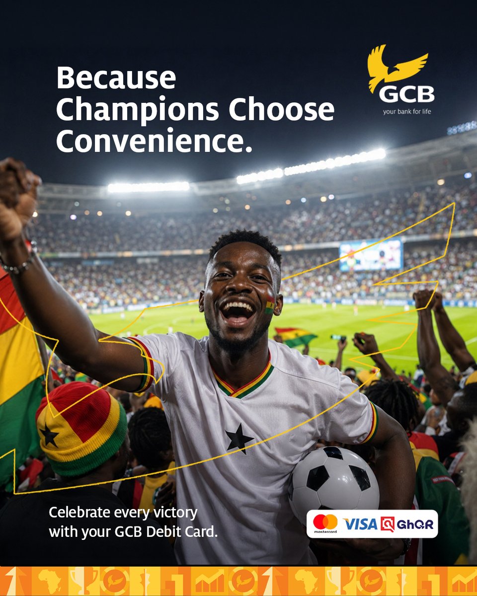 GCBBankPLC's tweet photo. From the first whistle to the final celebration, your GCB Debit Card gives you the convenience to pay securely and effortlessly wherever the action takes you.
Tap. Swipe. Scan. Celebrate every victory with confidence.
#GCBBank #GCBDebitCard #PayWithConfidence #CashlessPayments #Visa #Mastercard #GhQR #WorldCupSeason #CelebrateEveryVictory #GCBCares #YourBank4Life