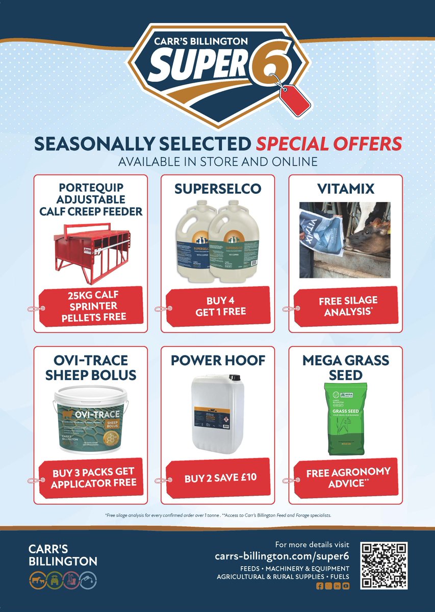 CarrsBillington's tweet photo. 🚜 Carr's Billington Super 6 Seasonal Offers!

Take advantage of six fantastic offers across livestock, grassland and animal health products, available in-store and online for a limited time.

👉 View all offers: https://t.co/ZJLAe1T2BG https://t.co/aKhcr1Mxcv