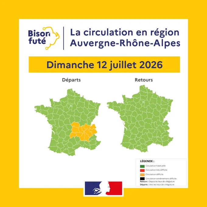 Dimanche 12 juillet 2026, bison futé annoncé jaune sur les routes de la Région Auvergne-Rhone-Alpes dans le sens des départs.