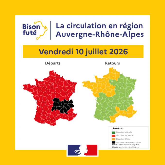 Vendredi 10 juillet 2026, bison futé annoncé noir sur la Région Auvergne-Rhone-Alpes dans le sens des départs.